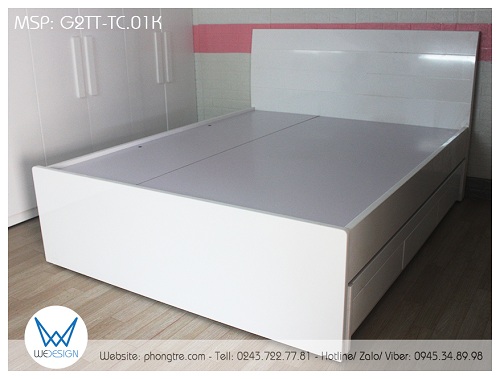 Mẫu thiết kế giường 2 tầng thấp 1m6 và 1m đa năng có đầu cao tựa cong G2TT-TC.01K màu trắng
