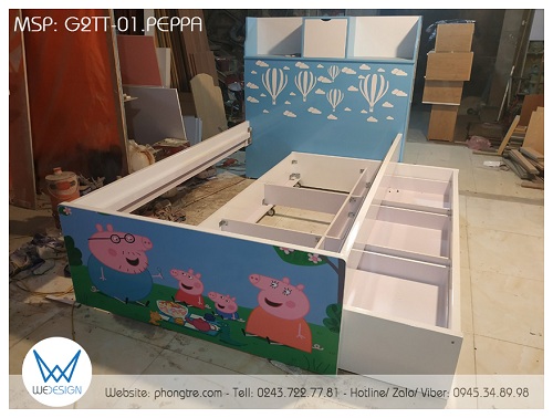 Giường tầng thấp đa năng chủ đề Gia đình Heo Peppa G2TT-01.PEPPA có đầu cao giường là tủ để chăn liền kệ để sách - gấu bông cho trẻ em và 3 ngăn kéo ở giường tầng dưới