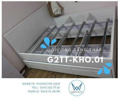 Giường tầng thấp đa năng có tủ kho và 3 ngăn kéo G2TT-KHO.01 màu trắng