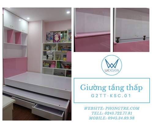 Giường tầng đa năng G2TT-KSC.01 có 3 ngăn kéo, tủ đầu giường và kệ sách kịch trần