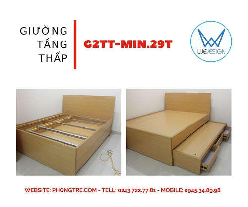 Giường tầng thấp đa năng vân gỗ Melamine G2TT-MIN.29T có tủ kho 2 khoang và 3 ngăn kéo
