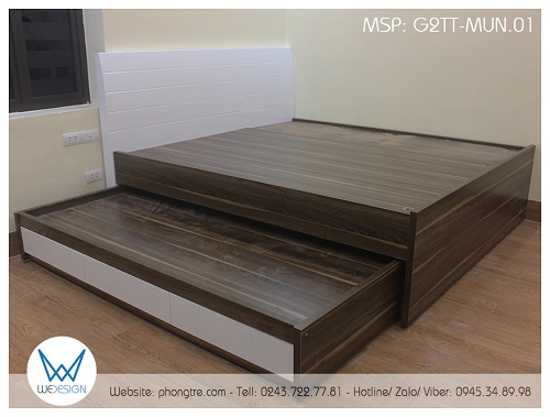 Giường tầng thấp G2TT-MUN.01 sử dụng phần sàn cố định là 168x206cm cố định và khoảng sàn thoáng 295x206cm để sử dụng cả 2 tầng giường cùng lúc