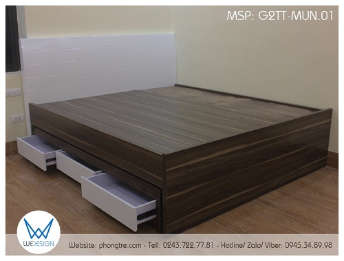 Giường tầng thấp G2TT-MUN.01 phối màu trắng cho đầu cao giường và ngăn kéo cùng vân gỗ mun tự nhiên