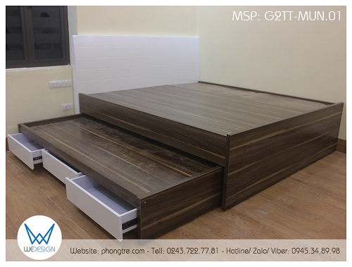 Giường tầng thấp đa năng G2TT-MUN.01 phối vân gỗ mun tự nhiên và trắng cho không gian hiện đại
