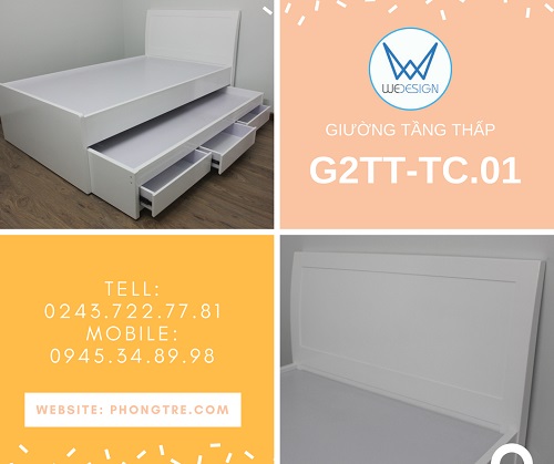 Giường tầng thấp đầu cao dáng cong có 3 ngăn kéo G2TT-TC.01 màu trắng