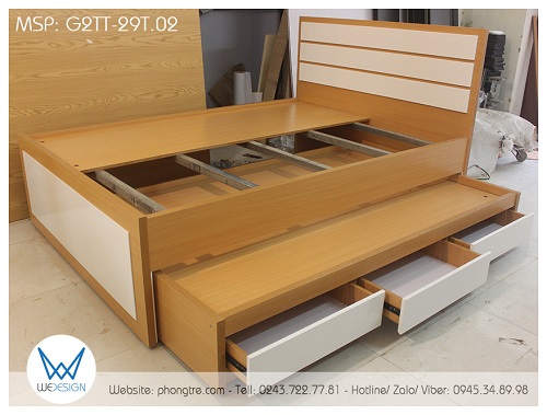 Giường tầng trên của giường tầng thấp G2TT-29T.02 kích thước 1m4x2m, sử dụng 2 tấm dát phản