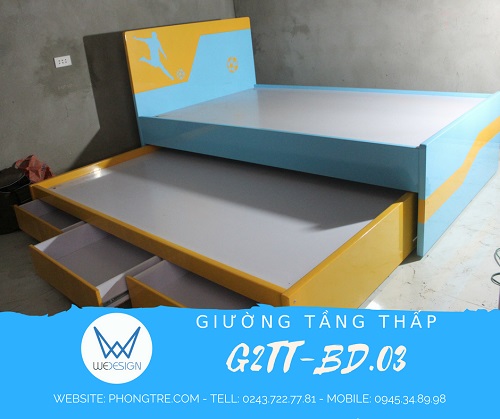 Giường tầng thấp có 3 ngăn kéo G2TT-BD.03 trang trí cầu thủ sút bóng dành cho phòng ngủ 2 bé trai