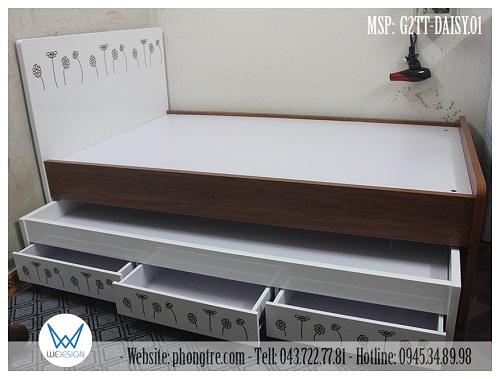 2 tầng giường của giường tầng thấp có 3 ngăn kéo MSP: G2TT-DAISY.01 đều sử dụng dát phản làm bằng tấm MDF