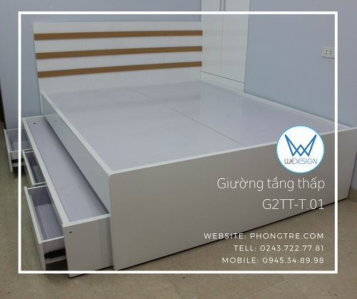Giường tầng thấp có 3 ngăn kéo màu trắng trang trí nẹp vân gỗ G2TT-T.01