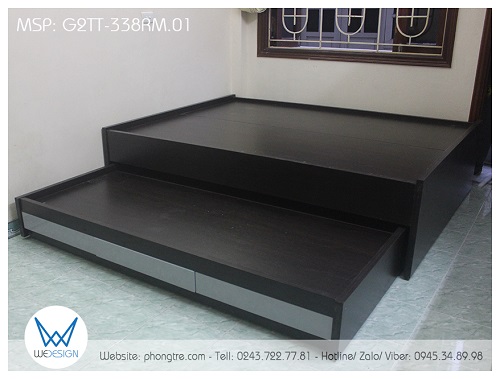 Giường tầng thấp 1m4 vân gỗ óc chó G2TT-338RM.01 có kiểu dáng giường hộp 2 tầng có 3 ngăn kéo