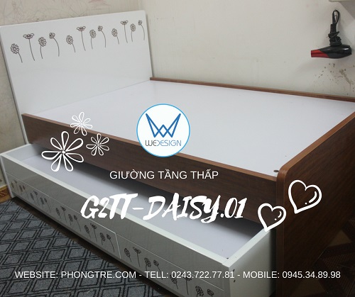 Giường tầng thấp vân gỗ lát phối cùng màu trắng trang trí hoa cúc xinh G2TT-DAISY.01 dành cho Teens girl