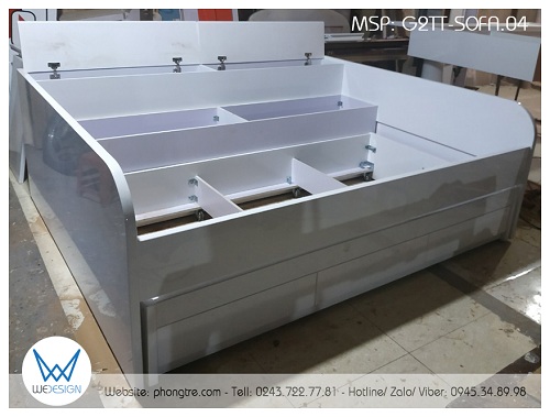 Kết cấu giường tầng thấp kiểu sofa đa năng G2TT-SOFA cung cấp các công năng tủ để chăn bông, tủ kho, 3 ngăn kéo, 2 tầng giường 1m4 và 1m