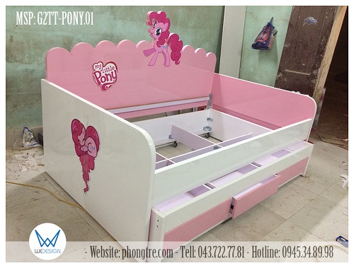 Giường tầng thấp kiểu sofa My Little Pony Pinkie Pie Cotton Candy được sản xuất ở kiểu kết cấu giường tầng thấp kiểu sofa, 2 tầng giường kích thước 1m2, có 3 ngăn kéo