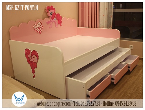 Giường tầng thấp kiểu sofa My Little Pony Pinkie Pie Cotton Candy có 2 tầng giường 1m2, 3 ngăn kéo ở giường tầng dưới