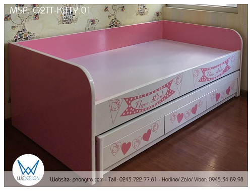 Giường tầng thấp kiểu sofa G2TT-KITTY.01 tạo không gian mở cho phòng ngủ Hello Kitty của 2 bé gái