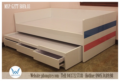 Giường 2 tầng thấp kiểu sofa có 3 ngăn kéo MSP: G2TT-SOFA.03 màu trắng trang trí kẻ ngang sắc màu yêu thích của 2 bé