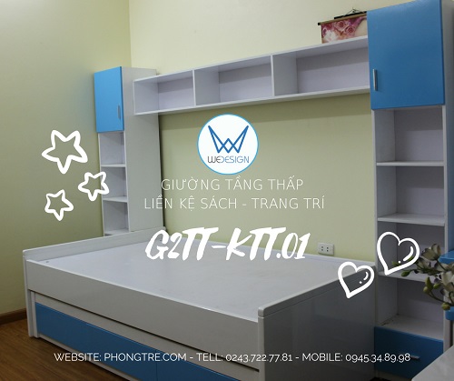 Giường tầng thấp có 3 ngăn kéo liền kệ sách - trang trí G2TT-KTT.01 cho phòng ngủ của 2 trẻ