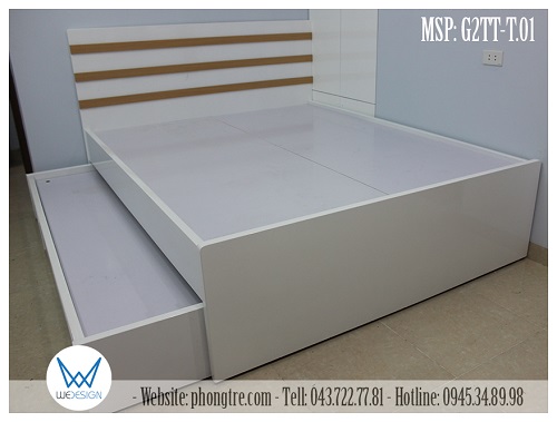 Giường 2 tầng thấp 1m6 có 3 ngăn kéo màu trắng trang trí nẹp chỉ vân gỗ tự nhiên MSP: G2TT-T.01
