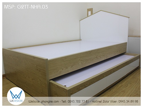 Giường tầng thấp ngôi nhà G2TT-NHA.03 có 2 tầng đều là giường 1m2 sử dụng dát phản gỗ MDF
