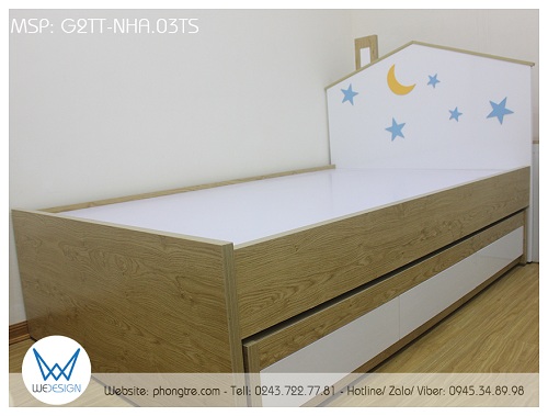 Khoảng cách giữa giường tầng trên và giường tầng dưới được làm rất nhỏ để tăng tính thẩm mỹ của giường tầng thấp ngôi nhà trăng sao G2TT-NHA.03TS