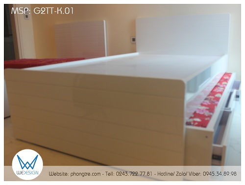 Giường 2 tầng thấp 1m2 có 3 ngăn kéo trang trí đường soi ngang G2TT-K.01 màu trắng phong cách Retro