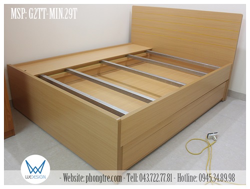 Hai tầng giường đều sử dụng dát phản làm bằng tấm MDF tráng Melamine vân gỗ màu vàng bích 29T