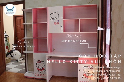 Góc học tập Hello Kitty vui nhộn sắc màu hồng - trắng của bé gái nhà anh Quảng 