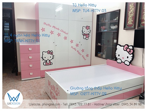Nội thất Hello Kitty lắp đặt cho phòng ngủ của 2 bé gái nhà anh Tấn