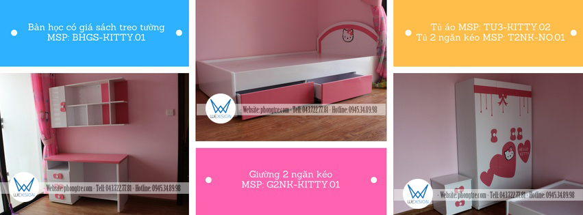 Phòng ngủ Hello Kitty sắc màu trắng - hồng trang trí Hello Kitty dễ thương với nơ và trái tim