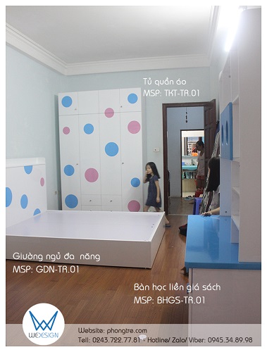 Bộ nội thất phòng ngủ trang trí hình tròn màu xanh blue và hồng baby của 2 bé gái nhà anh Tuấn