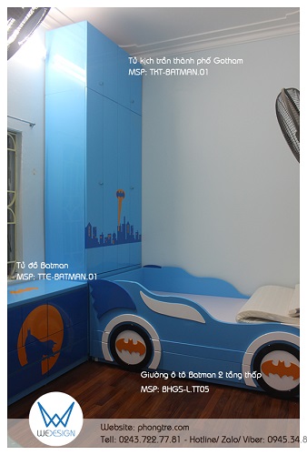 Nội thất chủ đề Batman màu xanh da trời của phòng ngủ 2 bé trai nhà anh Thành