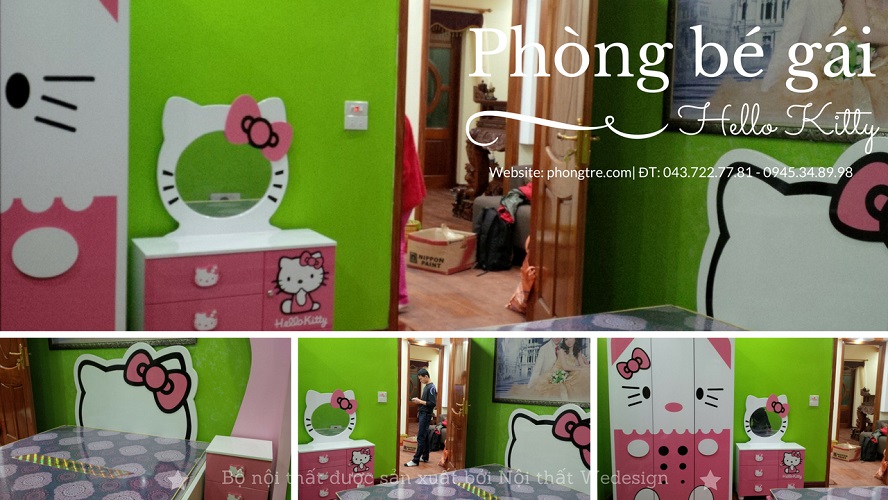 Phòng ngủ bé gái chủ đề Hello Kitty đeo nơ của bé gái nhà chị Trang (Quảng Ninh)