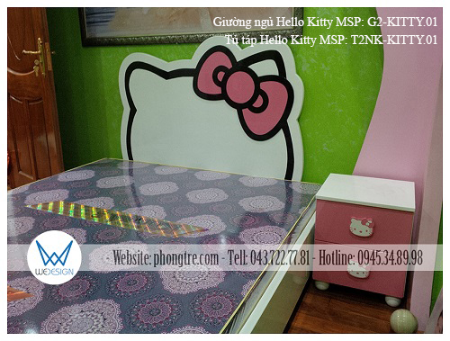 Góc ngủ dễ thương của con có Giường ngủ Hello Kitty đeo nơ hồng MSP: G2-KITTY.01 và tủ 2 ngăn kéo Hello Kitty MSP: T2NK-KITTY.01
