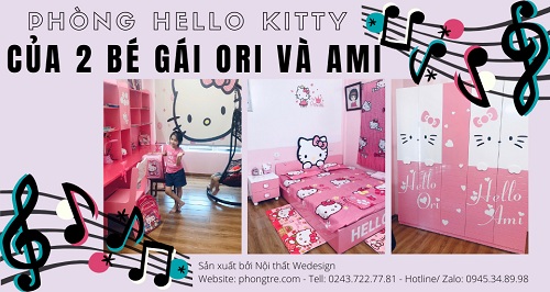 Phòng ngủ Hello Kitty màu hồng của 2 bé gái Ori và Ami