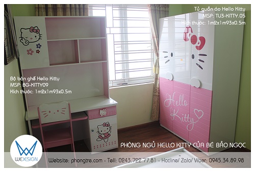 View phòng ngủ Hello Kitty của bé Bảo Ngọc nhìn sang bên phải khi bước chân vào phòng