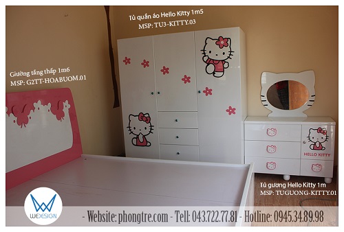 Bộ nội thất phòng ngủ Hello Kitty có màu sắc chủ đạo là màu trắng, điểm các chi tiết trang trí màu hồng tạo không gian thư giãn
