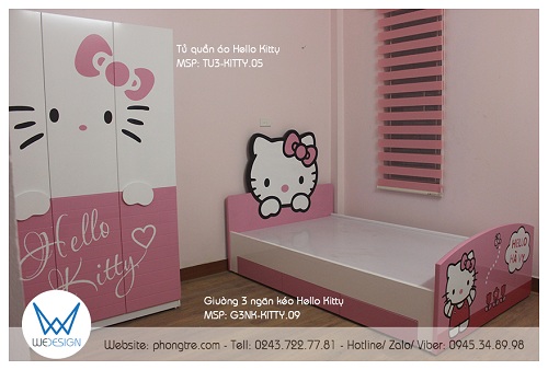 Tủ quần áo Hello Kitty TU3-KITTY.05 và giường 3 ngăn kéo Hello Kitty G3NK-KITTY.09 của phòng ngủ Hello Kitty của bé Hà Vy