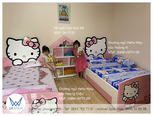 Hai bé ngủ riêng 2 giường ngủ Hello Kitty 1m2 có 2 ngăn kéo thì nằm rộng thoải mái cho giấc ngủ ngon lại có ngăn kéo cho bé để những món đồ bé thích nữa
