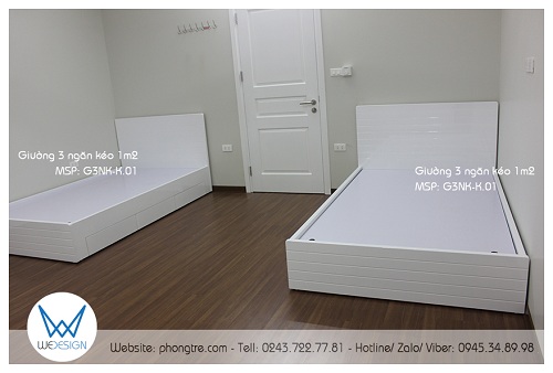 Giường ngủ 1m2 có 3 ngăn kéo trang trí đường soi ngang G3NK-K.01 màu trắng mang đến không gian phòng ngủ phong cách riêng cho Teens Boy nhà chị Hương
