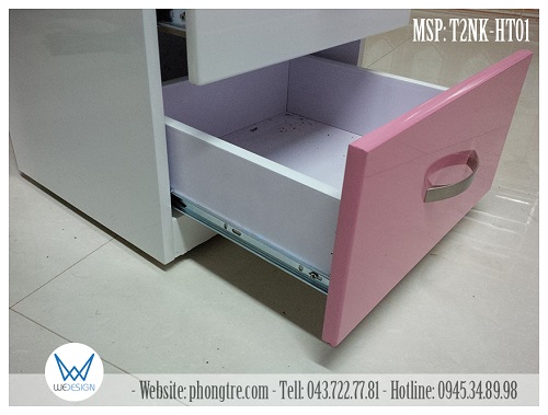 Tủ táp 2 ngăn kéo trắng hồng T2NK-HT01 sử dụng tay nắm cong và ray bi 2 tầng