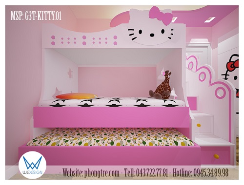 Mẫu thiết kế 3D giường 3 tầng Hello Kitty đeo nơ MSP: G3T-KITTY.01 sắc màu trắng - hồng dễ thương
