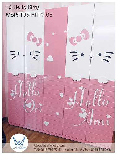 Tủ quần áo 2m - 5 cánh mở trang trí Hello Kitty và Mimmy cầm biển tên Ori và Ami