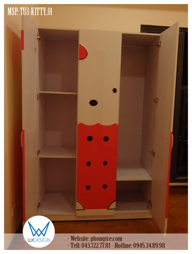 Tủ quần áo bé gái Hello Kitty MSP: TU3-KITTY.01 rộng 1m2 có 3 cánh tủ, 2 buồng tủ