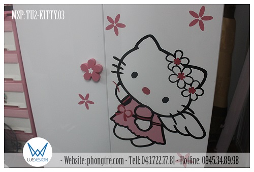 Chi tiết trang trí Mèo Hello Kitty thiên thần và hoa trên Tủ áo Hello Kitty MSP: TU2-KITTY.03
