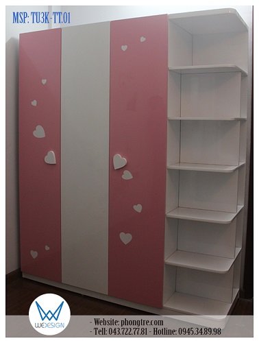 Tủ quần áo liền kệ góc MSP: TU3K-TT.01  trang trí chủ đề trái tim với 2 sắc màu trắng hồng dễ thương của bé Minh Châu