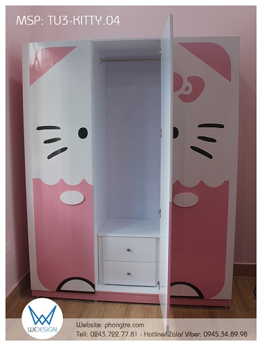 Buồng tủ giữa của tủ quần áo Hello Kitty TU3-KITTY.04 - bên trong có 1 suốt treo đồ dài, 1 hộc 2 ngăn kéo 