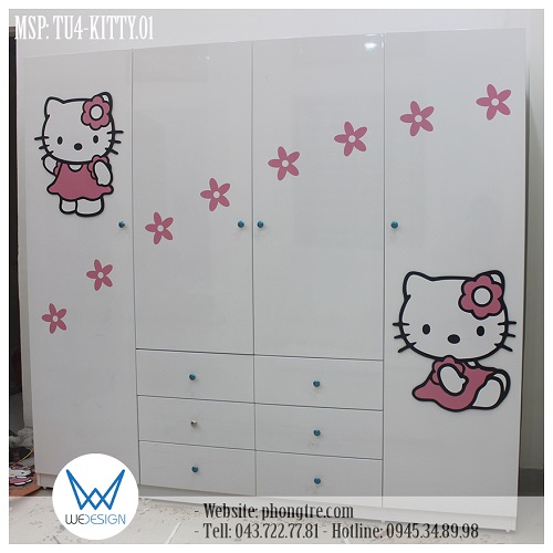 Tủ quần áo Hello Kitty và hoa xinh TU4-KITTY.01 có 4 cánh mở và 6 ngăn kéo bên ngoài