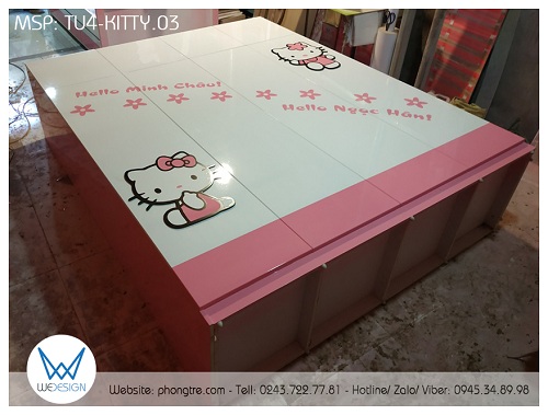 Tủ Hello Kitty TU4-KITTY.03 được sản xuất ở kích thước 2m (r) x2m (c) 4x0.5m (s) trang trí tên Minh Châu và Ngọc Hân