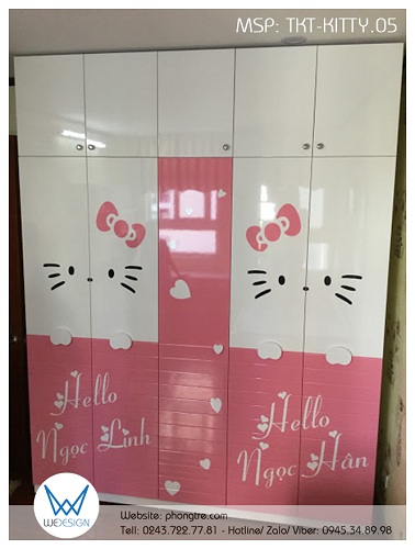 Mẫu thiết kế tủ kịch trần Hello Kitty và Mimi cầm biển tên 2 bé gái TKT-KITTY.05