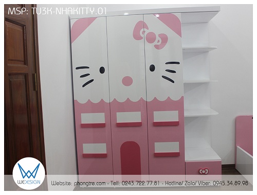 Tủ ngôi nhà Hello Kitty liền kệ trang trí TU3K-NHAKITTY01 sẽ làm bé thích mê với sắc màu hồng và có kệ góc để gấu bông cho bé